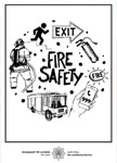 Fire Safety drawing with exit sign, firefighters and engine